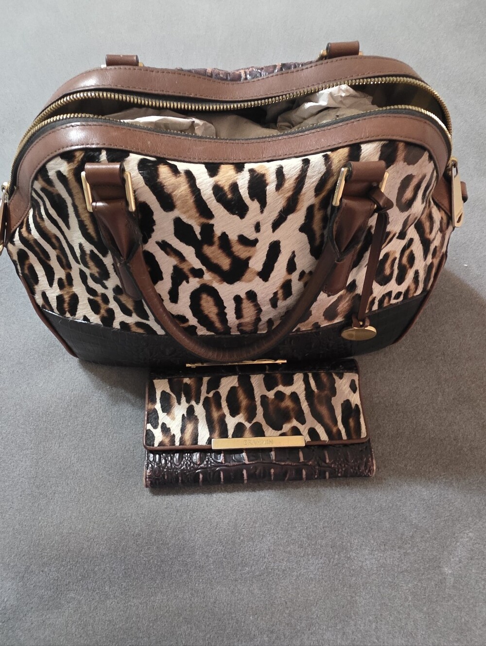 Brahmin Hudson Cheeta-Print Satchel Handbag with Matching Wallet - Brown